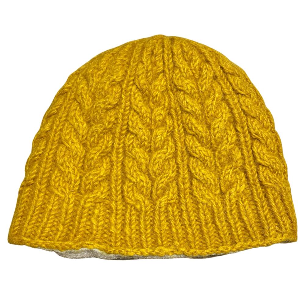 ERIN Irish Wool Aran Cable-Knit Beanie in Mustard Yellow w Gray Fleece Lining OS - Picture 4 of 6